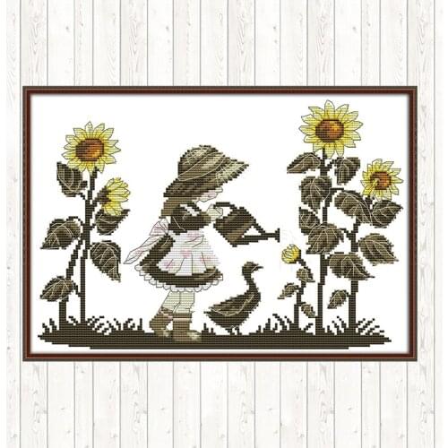 Girl Watering Flowers DIY Needlework Crafts Cotton Thread Embroidery Needlework Sets Patterns Kits Cross Stitch Kits Home Decor