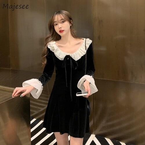 Long Flare Sleeve Black Mini Dress Ruffles O-neck Drawstring Mesh Patchwork Korean Style Vintage Elegant Sexy Party Design Chic