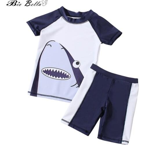 Toddler Kids Boys Swimwear Cute Animal Shark Printed Fashion Striped Short Sleeve Swimwear Swimsuit Summer Outfits Set