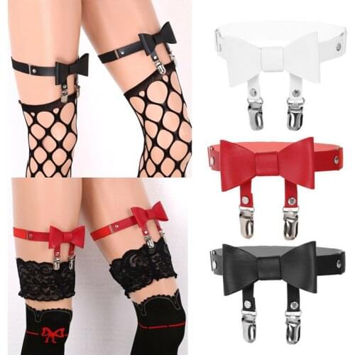 Women Leather Bow Adjustable Punk Gothic Rave Elastic Harness Belts Leg Garter Suspender Accesseries Stocking Clip Sexy Lingerie