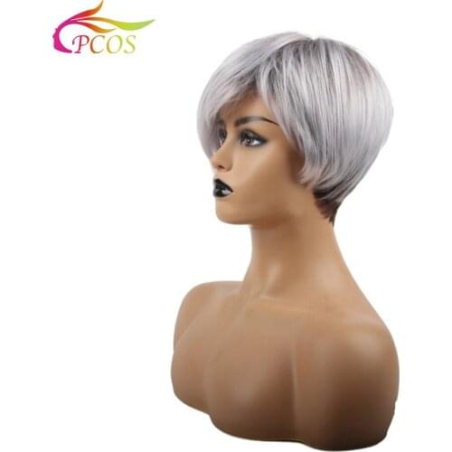 Short Synthetic Wigs Straight Natural Grey Gradient Dark Wig for Fashion Women