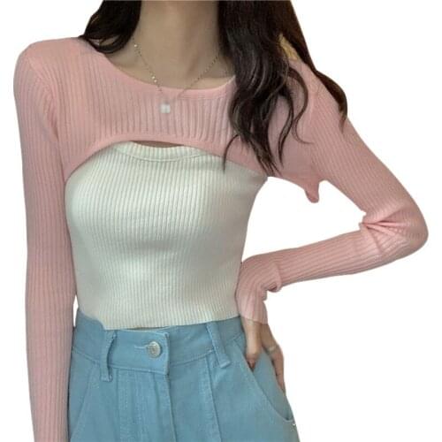 Spring Women Knitted Top Solid Color Short Sweater Pullover Korean Fashion Jumper Tops O-Neck Cropped Sweater Pullover Crop Top