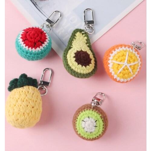 Fashion Handmade DIY Wool Woven Keychain Watermelon Orange Avocado Pineapple Keyring Cute Fruit Bag Earphone Case Couple Gift