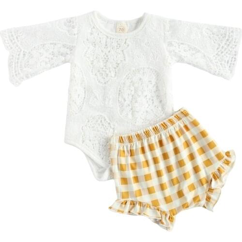 0-18M Cute Infant Baby Girl Clothes Flower Lace Short Sleeve White Top Romper+Plaid Print High Waist Shorts Summer 2pcs 2021
