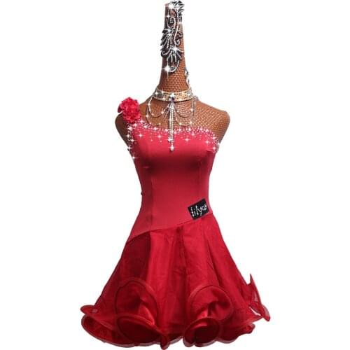 5pcs Latin Dance Competition Dress Performance Dress Latin Dance Skirt Wine Red Slant Shoulder Water Drill Fishbone Skirt #MD033