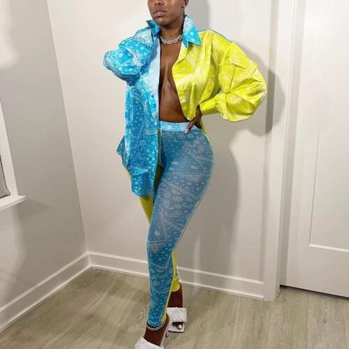 Bandana Print Color Patchwork Two Piece Set Outfits Satin Long Sleeve Blouse And Mesh Leggins 2021 Autumn Party Club Co-ord Sets