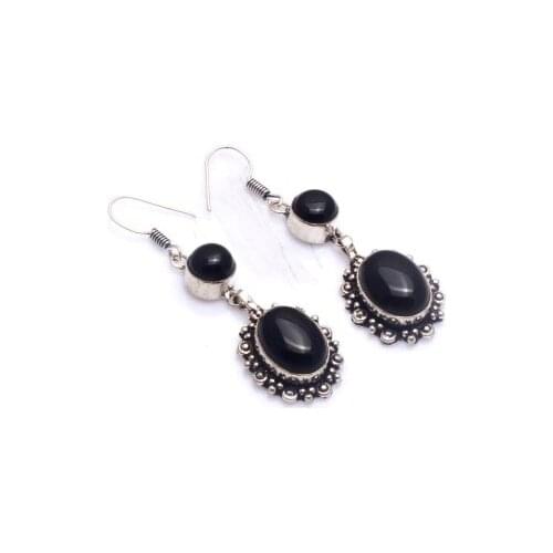 Genuine Black Onyx Silver Overlay on Copper Earrings, 62 mm , E6131