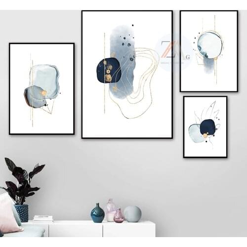 Modern Abstract Blue Sketch Simple Gold Line Painting Poster Canvas Printing Picture Wall Art Home Decoration And Room Decor