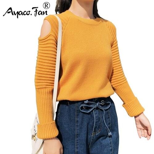 Sexy Off Shoulder Sweaters 2019 Autumn New Cute O-Neck Patchwork Knitted Pullovers Casual Solid Batwing Warm Lady Sweater Female