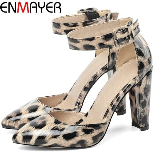 ENMAYER Leopard Print Basic Wedding Shoes 2020 High Heels Pointed Toe Buckle Strap Fashion PU Serpentine Shallow Pumps 34-43
