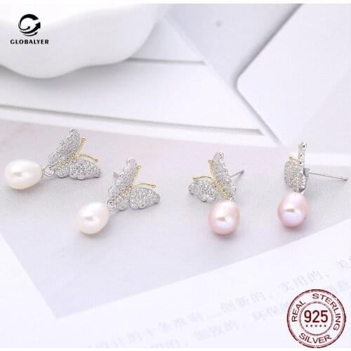 Explosion models accessories Natural pearl earrings female S925 sterling silver accessories Butterfly silver earrings 054