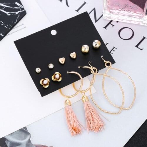 6 Pairs/set Fashion Gold Alloy Flower Stud Earrings For Women Circle Hanging Earrings Set Ladies Pink Tassel Earrings Mixed Gift