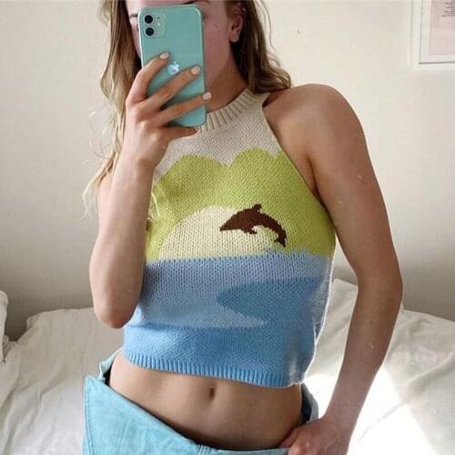 Foridol Dolphin Print Knitted Halter Sleeveless Autumn Cropped Sweater Vest Women 2021 Short Waistcoat Harajuku Female Tops