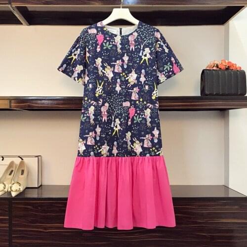 Plus size women Summer korean casual dresses 2021 O neck print patchwork vintage oversized midi dresses for women Kawaii vestido