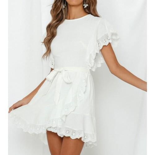 AYUALIN rufflese short sleeve mini dress women white cotton splice lace 2020 summer boho beach dresses vestidos lady party robe
