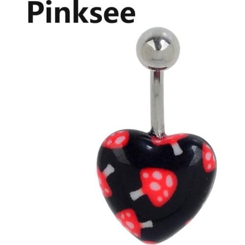 1PC Sexy Women Acrylic Heart Shape Belly Ring Navel Piercing Body Jewerly Black White Pink Blue Stars Cherry Print