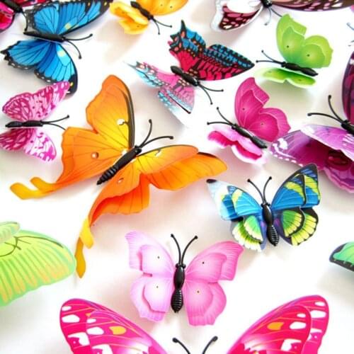 12pcs/lot 3D Double Layer PVC Butterfly Wall Sticker for Home Decor DIY Butterflies Fridge Magnet Stickers Room Decoration