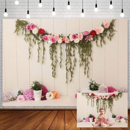 Avezano Birthday Cake Smash Backdrop Flowers Spring Green Leaves Girl Board Plank Backgrounds Photography Studio Photocall Decor