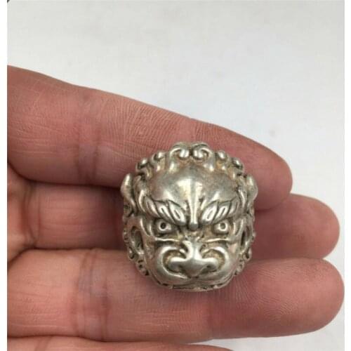 China old antique Tibetan silver handmade lucky foo dog lion ring