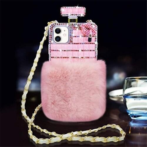 Bling Kiss Diamond Fluffy Fur Perfume Bottle Leather Chain Case Cover For Iphone 12 Mini 11 Pro XS Max XR X 8 7 6 6S Plus SE