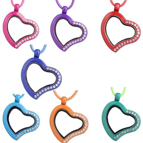 1pcs heart Colorful Floating Locket half with Rhinestone Glass Memory Living Floating charms Locket necklace women with chain