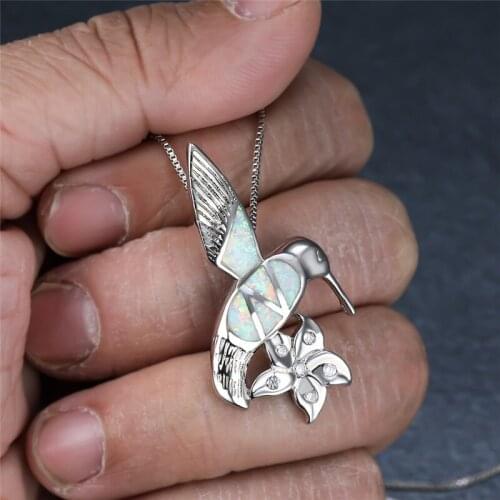 Cute Small Bird Silver Color Chain Necklace White Blue Opal Animal Necklace Dainty Woodpecker Flower Pendant Necklaces For Women