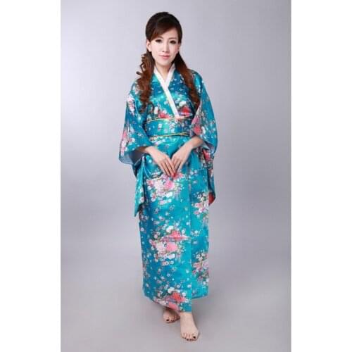 New Arrival Japanese Womens Satin Kimono Dress Yukata Haori With Obi Novelty Performance Clothing One Size715-14