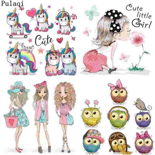 Pulaqi Iron On Transfer Kids Heat Transfer Patches Vinyl Sticker Thermal Cartoon Owl Rabbit For Baby Clothes A Level Washable