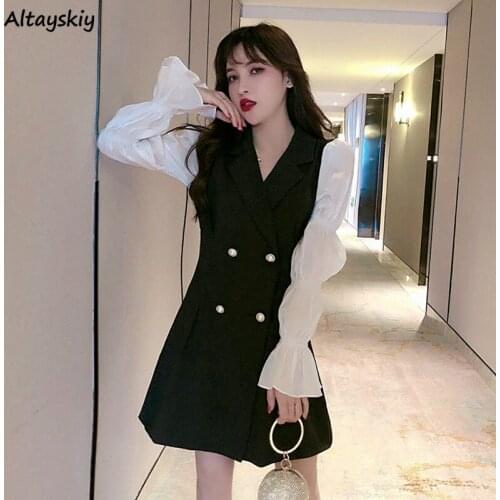 Dress Women Butterfly-sleeve Patchwork Elegant Female Fashionable Notched Collar Mini Solid Color Korean Office All-match Mujer