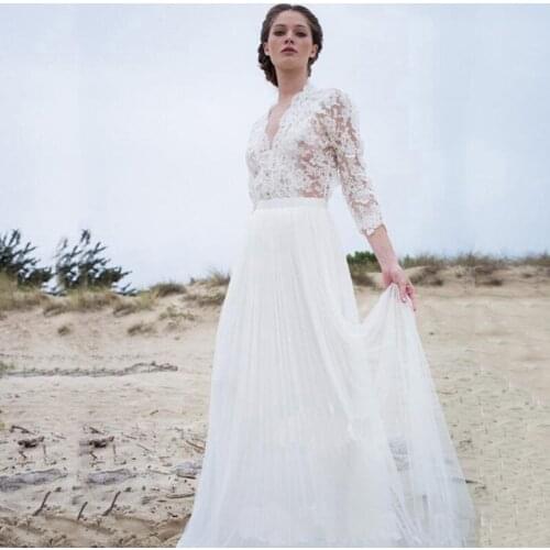 Beach A-line Wedding Dresses White Ivory V Neck Floor Length Cut Out Back Bridal Gowns Lace Appliqued Three Quarter Sleeves 2021