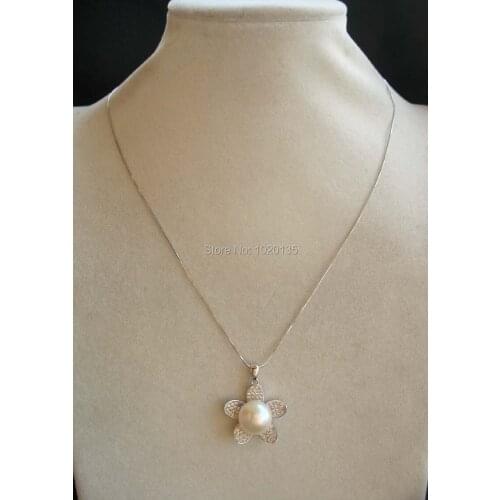 Freshwater pearl white coin 12-13mm AA flower ans silver 925 chain nature 18" necklace FPPJ