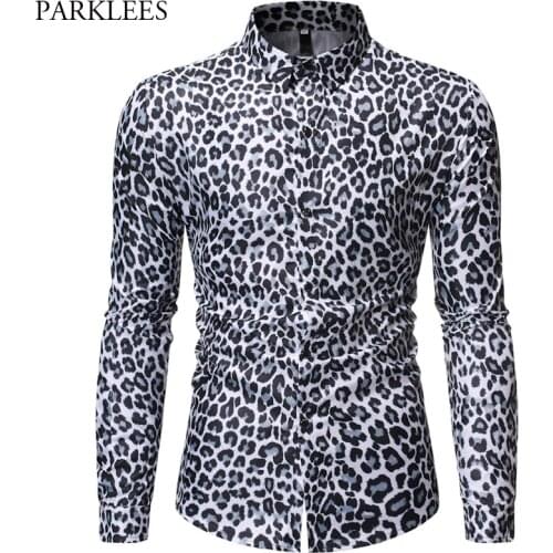 Wild Leopard Printed Shirt Men Night Club Party Dance Mens Long Sleeve Shirts Slim Fit Casual Social Streetwear Camisa Masculina