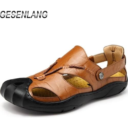 Summer Mens Outdoor Sandals Genuine Leather Comfortable Breathable Anti-Skid Big Size Casual Fishing Hiking Walking Beach Shoes