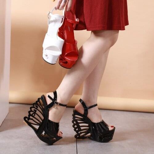 Summer Platform Sandals Women Peep Toe Fretwork Heels 15cm Wedges Heel Ankle Buckles Female Sandals Party Shoes Pumps Black Red