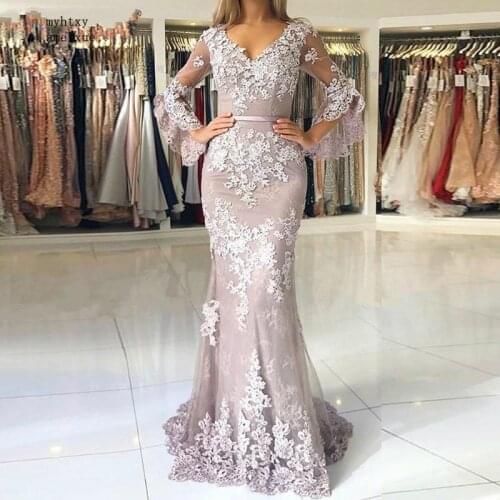 China V-Neck Special Sleeves Sweep Train Mermaid Lace Applique Crystal Beaded Evening Dresses vestidos de fiesta de noche