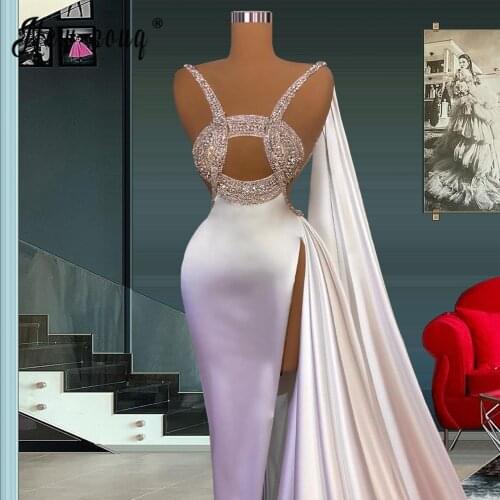 Dubai Elagant White Beads Evening Dresses 2021 Long Mermaid Prom Gown with Wrap Train Sparkly Crystals Formal Party Dress