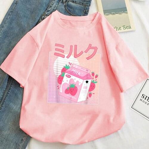 Strawberry Milk Print Womens T-shirt Shirt Clothes Streetwear Harajuku T-shirt Kawaii Pink Shirt Plus Size Short Sleeve