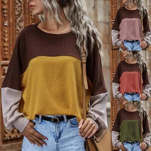 Women Casual Color Block Waffle T-shirt Autumn Long Sleeve T-shirt O Neck for Dating