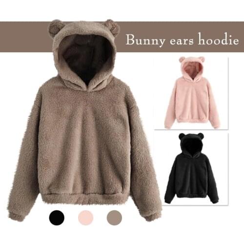 Women Cute Bunny Rabbit Ears Hoodie Casual Autumn Winter Warm Fleece Pullover Harajuku Style Lolita Bunny Design Sweatershirt