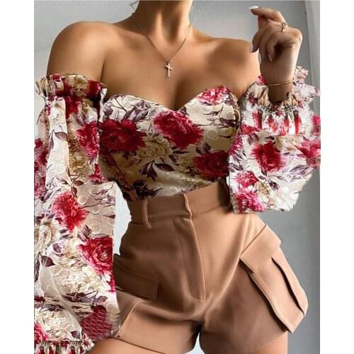 Women Off Shoulder Tops, Sexy Frill Long Lantern Sleeve Floral Print Corset T-Shirts 2021 New Fashion