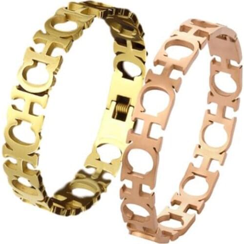 12MM High Quality Titanium Steel Gold Bangle Hollowed-Cut CH Linked Bangle Design With Spring Closure Women Men Bracelet Jewelry