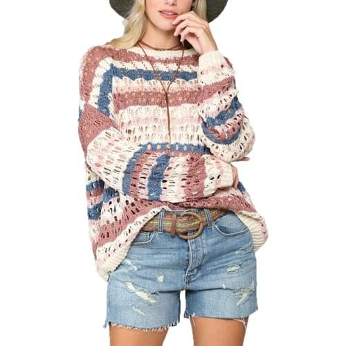 Women Hollow Out Knitted Sweater Fashion Pullovers Ladies Autumn Striped Loose Sweater Korean Style Women Jumper Sueter Mujer