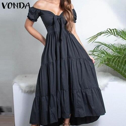 VONDA Women Party Dress 2021 Summer Sexy Front Bow-knot High Waist Pleated Elegant Dress Long Robe Oversize Beach Sundress Robe
