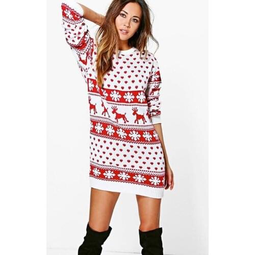 Winter Warm Fashion Christmas Snowflake Print Deer Character Long Sleeve Dresses Ladies Casual Sweater Mini Dress Xmas gift 2021