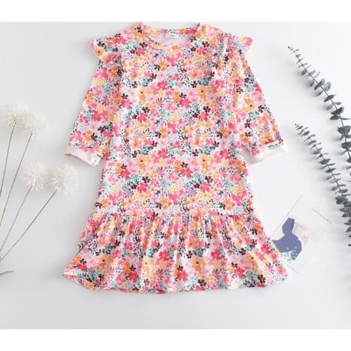 27kids Baby Girls Costumes New Fashion Cartoon Floral Round neck Dresses Long sleeve skirt Chidlren Casual Clothing Cute 3-7Y