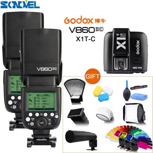 Free DHL! 2x Godox V860II-C V860IIC Speedlite GN60 HSS 1/8000s TTL Flash Light +X1T-C Wireless Transmitter for Canon DSLR + Gift