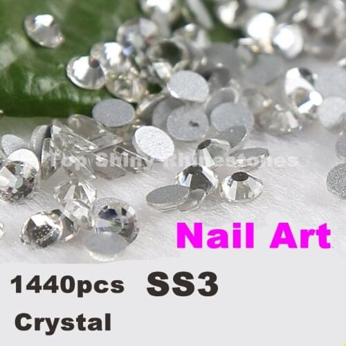 Super Shiny 1440PCS SS3 (1.3-1.4mm) Clear Glitter Non Hotfix Crystal Color 3D Nail Art Decorations Flatback Rhinestones