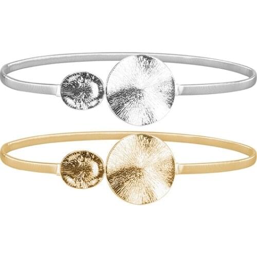 Elastic Metal Waist Belts For Dresses Metal Silver Gold Color Ladies Belts Stretch Skinny Female Round Leaf Buckle Women Belts