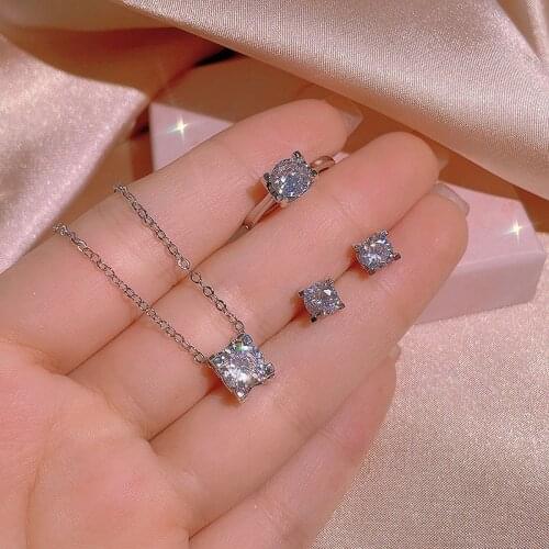 Independent design silver inlaid carat diamond ring earrings necklace pendant set ladies engagement wedding accessories