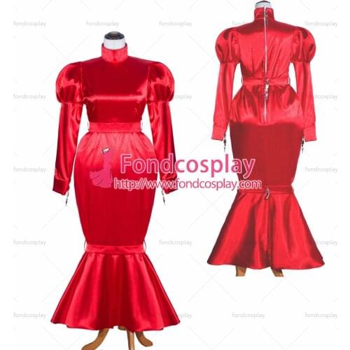 Fondcosplay adult sexy cross dressing sissy maid long French Satin red Dress Lockable Uniform Cosplay Costume Tailor-Made[G4061]